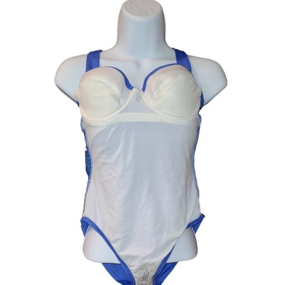 NWOT Boston Proper One-Piece Halter Swimsuit Underwire Cutout Back Size 8 Blue - Picture 3 of 12